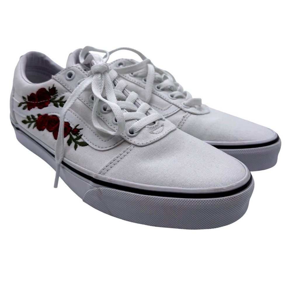Vans Ward Low Top White Canvas Rose Floral Embroidered Sneakers Womens 10
